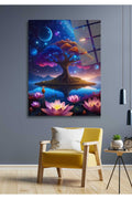Hayat Ağacı ve Lotus Çiçekleri Cam Tablo 75 - 30 x 45