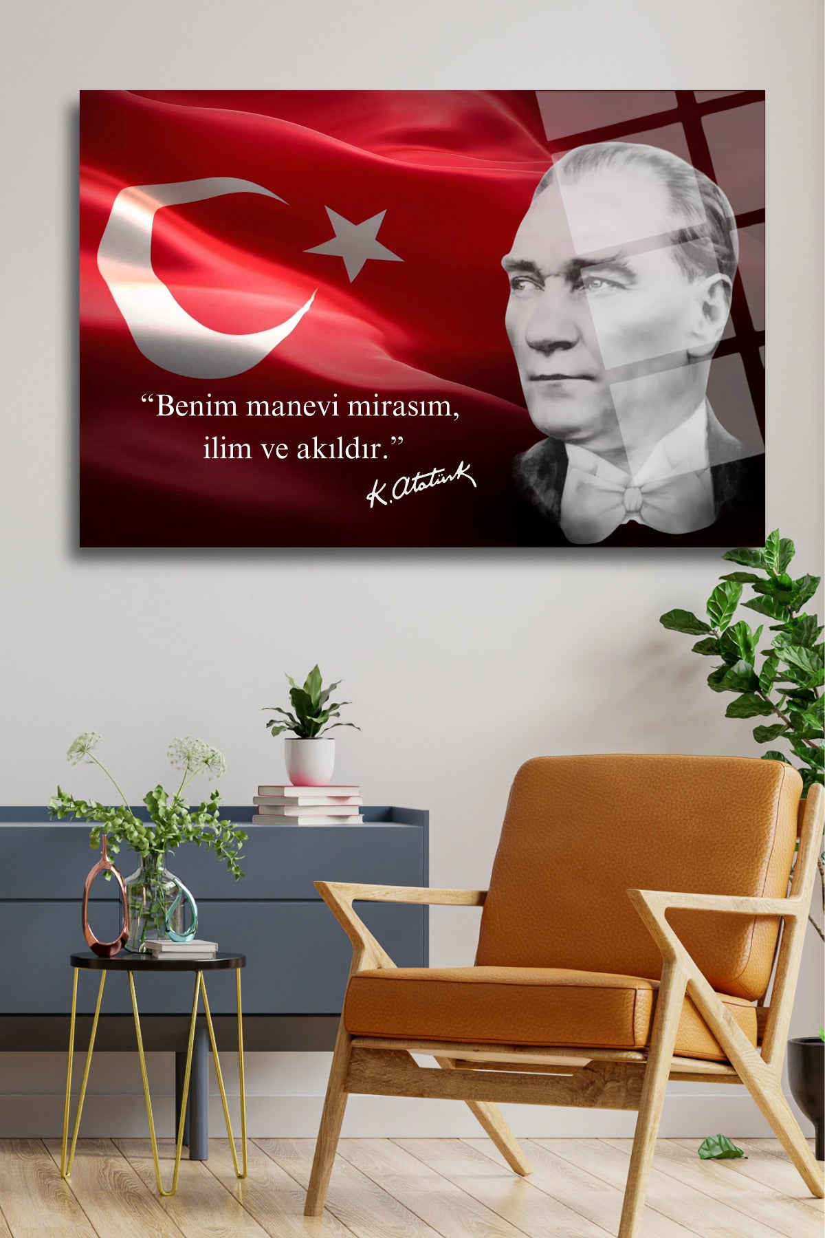 Mustafa Kemal Atatürk  "Benim Manevi Mirasım İlim ve Akıldır." Cam Tablo HMDS0159