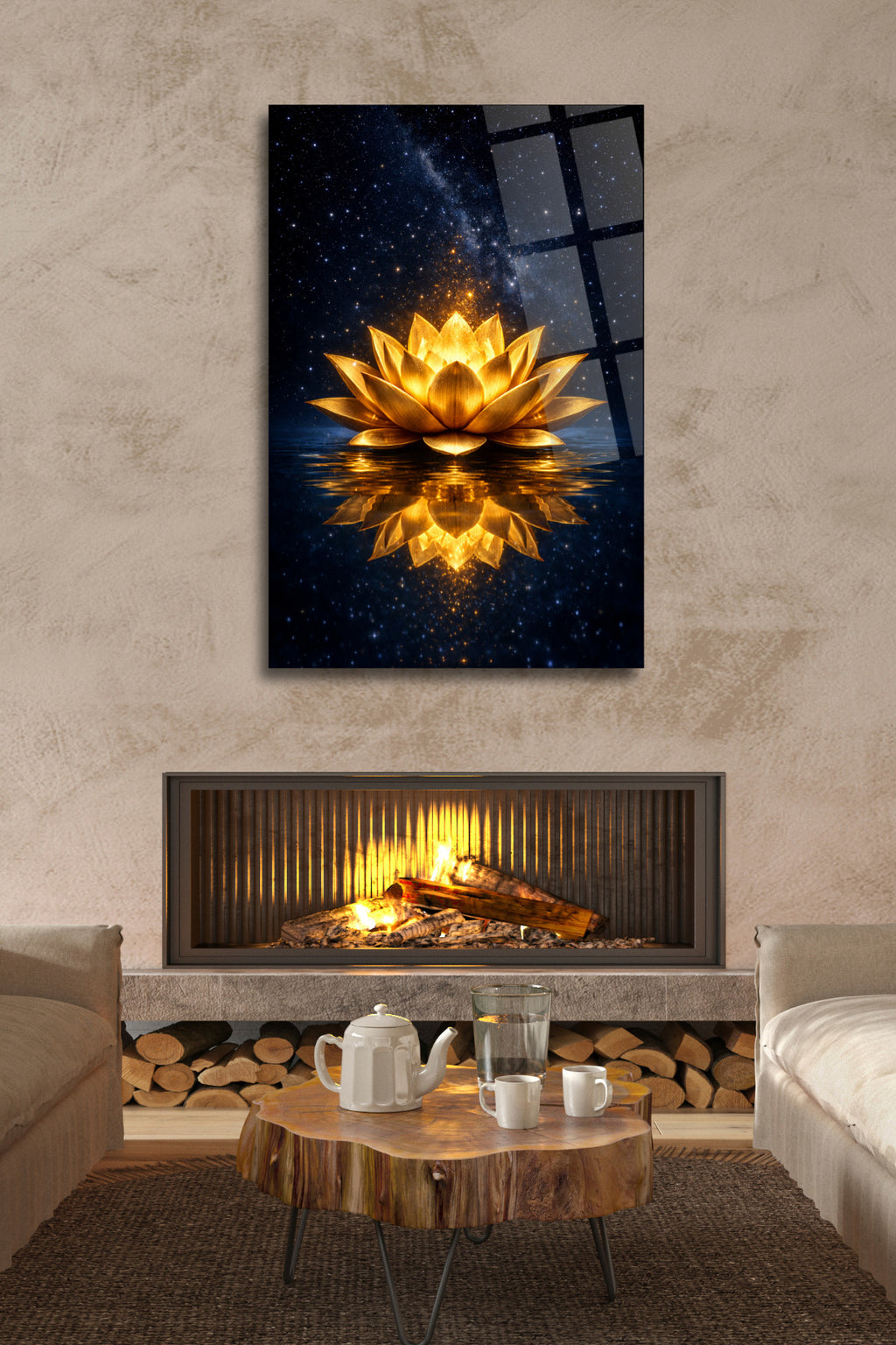 Altın Renkli Lotus Çiçeği , Dekoratif Cam Tablo 476 - 60 x 90