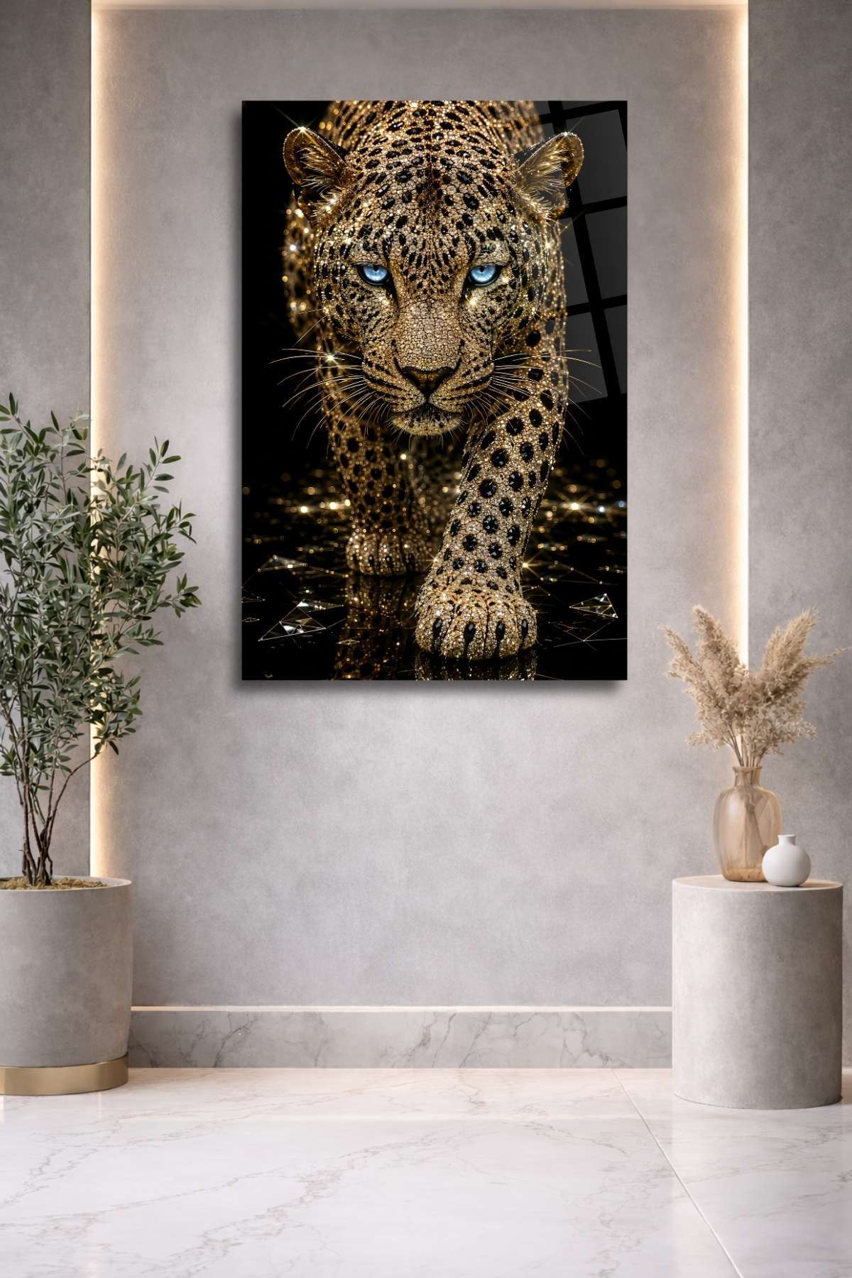 Pırlanta Desenli Leopar Tablosu, Kırılmaya Dayanıklı Cam Tablo 477 - 45 x 65