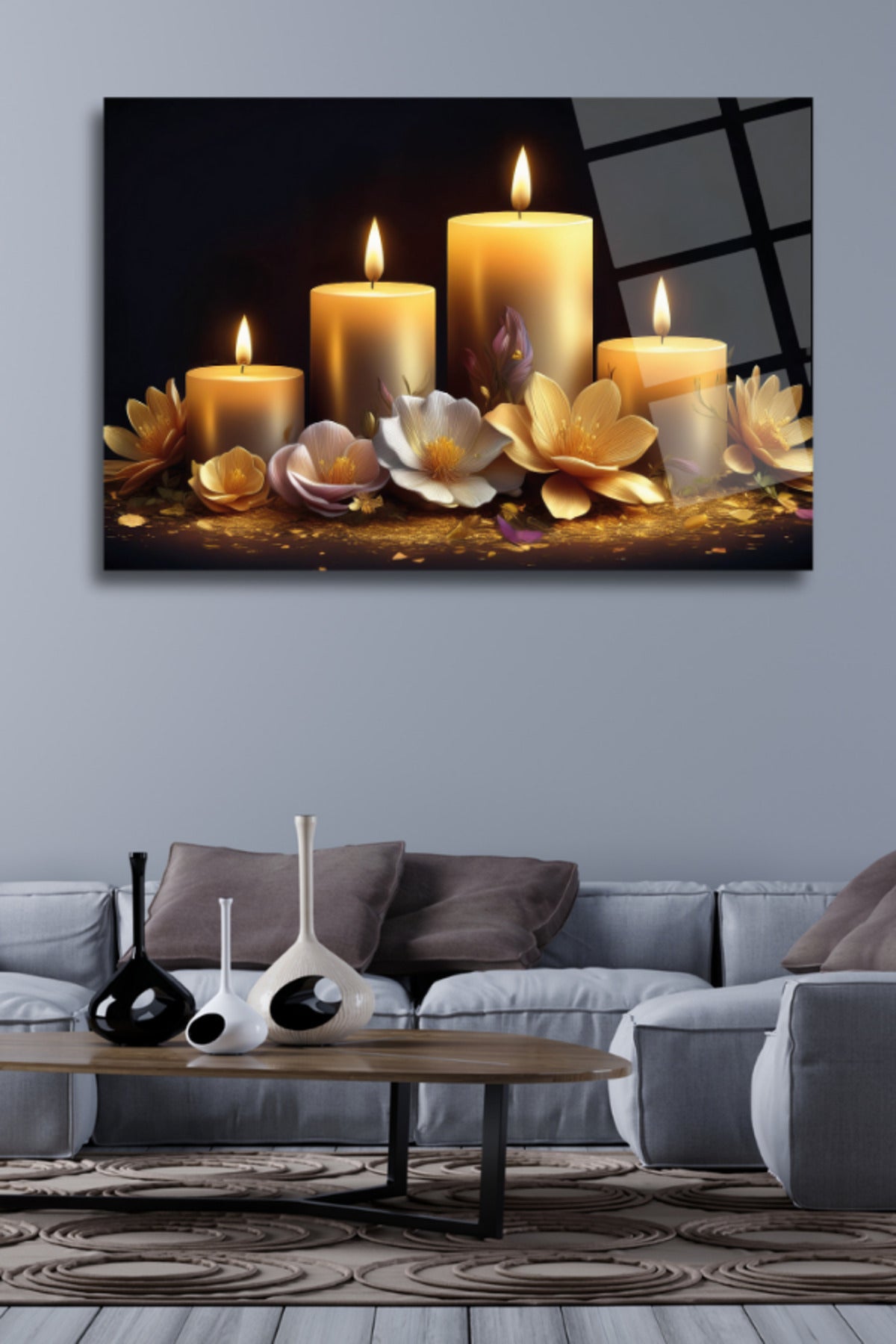Mum Işığı ve Çiçekler , Kırılmaya Dayanıklı Cam Tablo 220 - 45 x 65