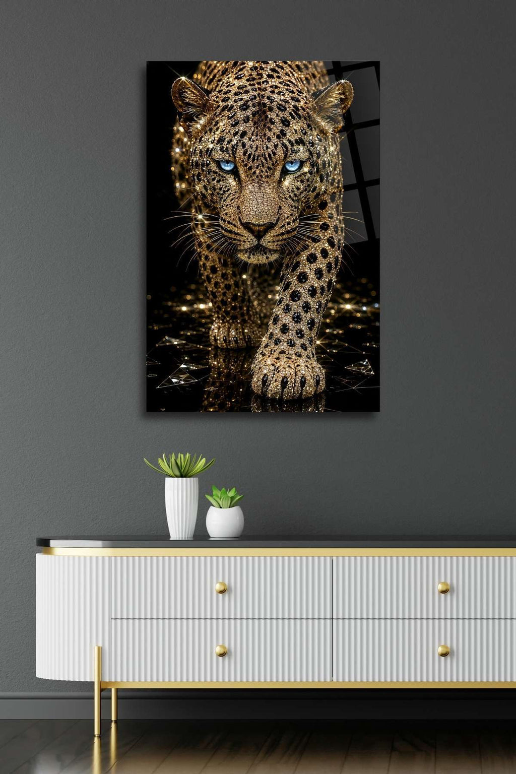 Pırlanta Desenli Leopar Tablosu, Kırılmaya Dayanıklı Cam Tablo HMDS0477