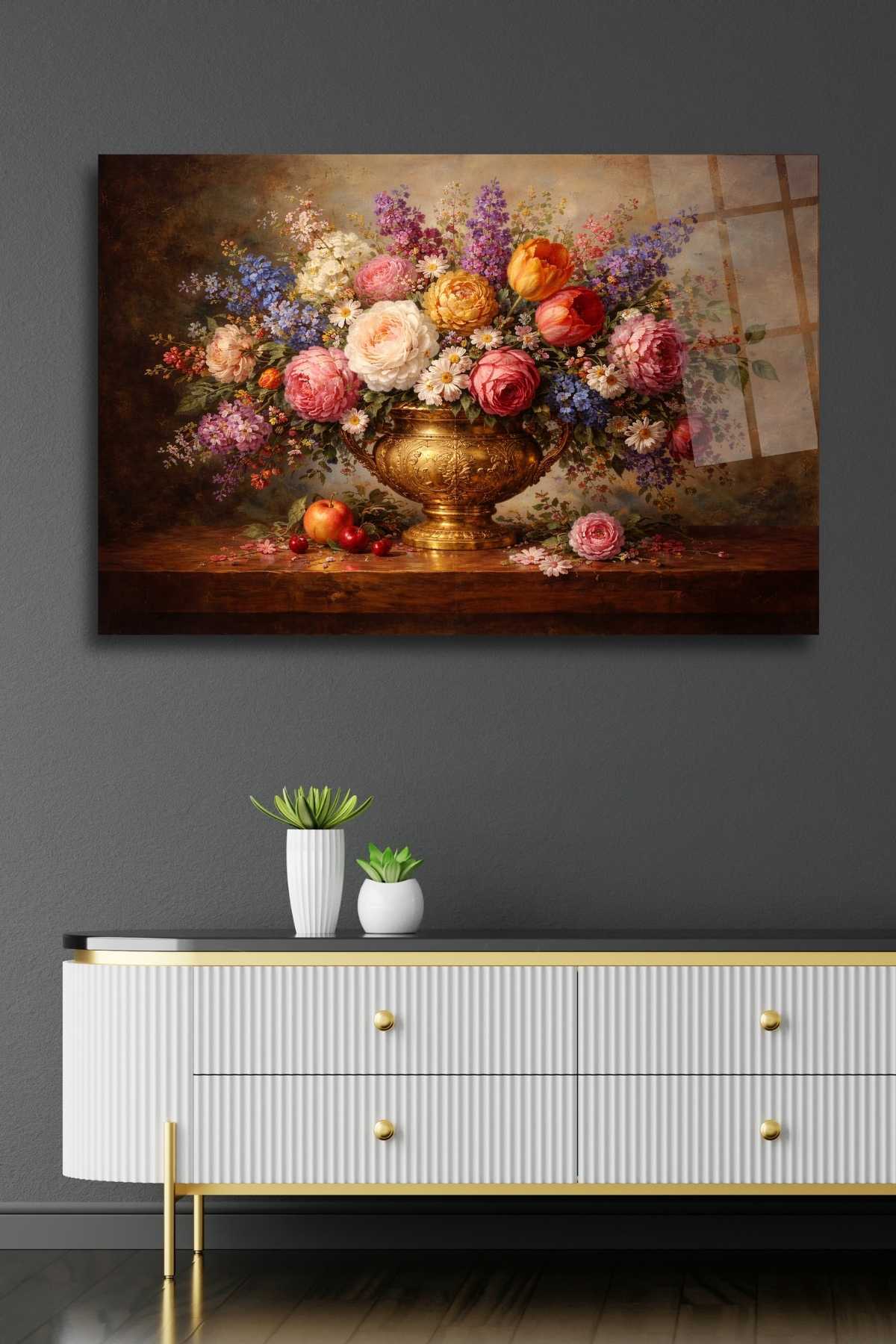 Altın Vazoda Çiçekler Cam Tablo 462 - 45 x 65