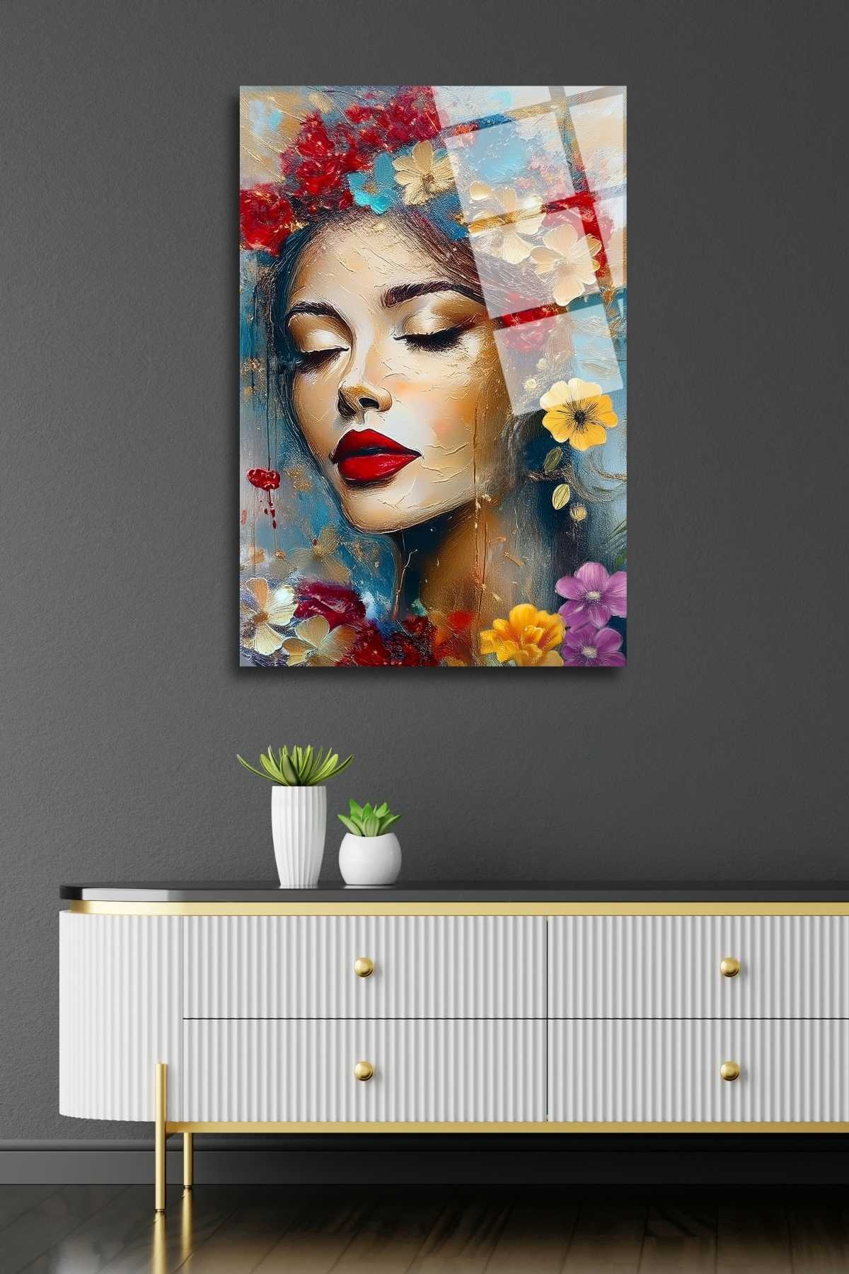 Kadın ve Çiçek Tablosu, Kırılmaya Dayanıklı Cam Tablo 264 - 60 x 90