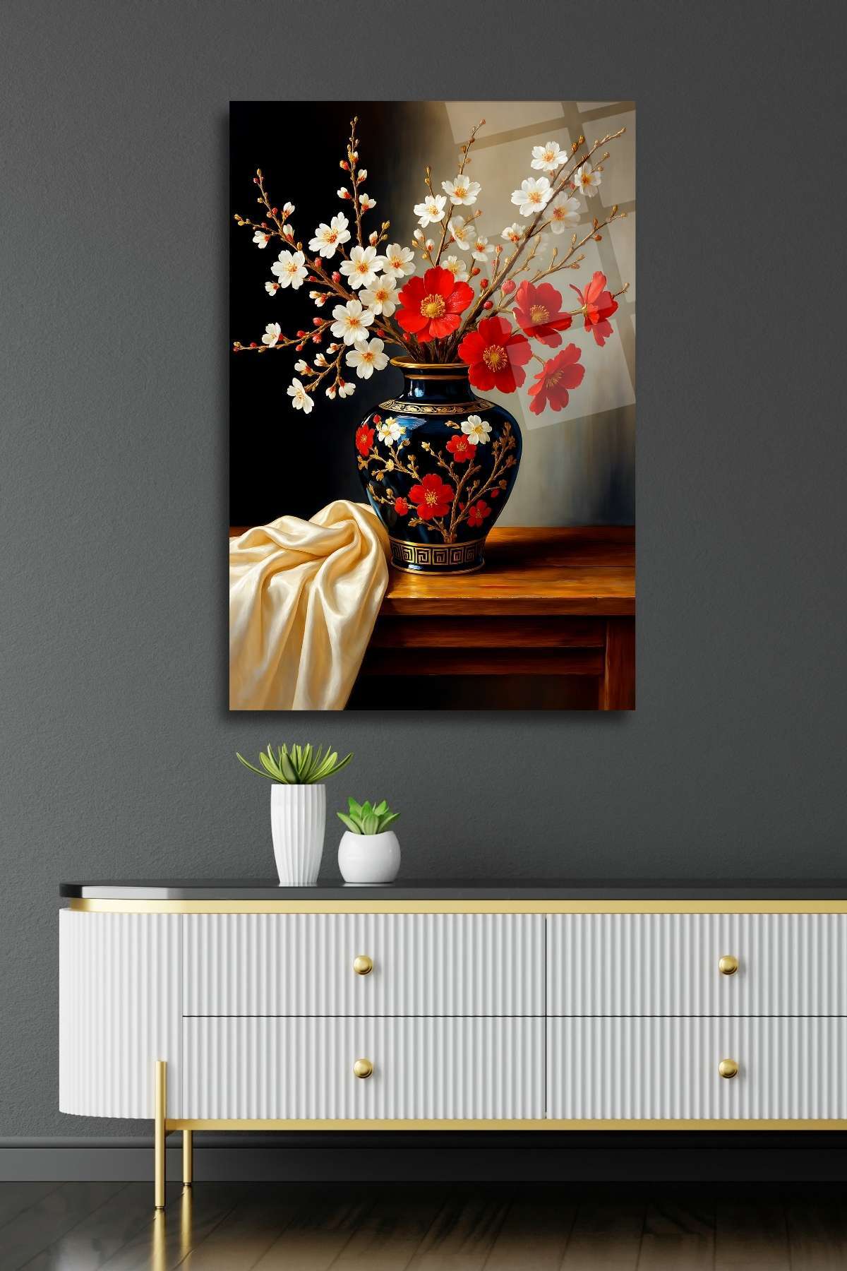 Kırmızı Beyaz Çiçekler Cam Tablo 362 - 60 x 90