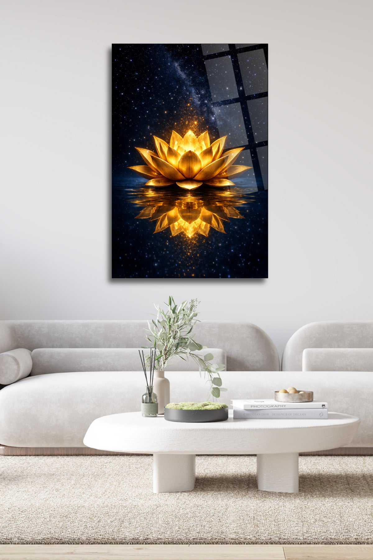 Altın Renkli Lotus Çiçeği , Dekoratif Cam Tablo 476 - 45 x 65