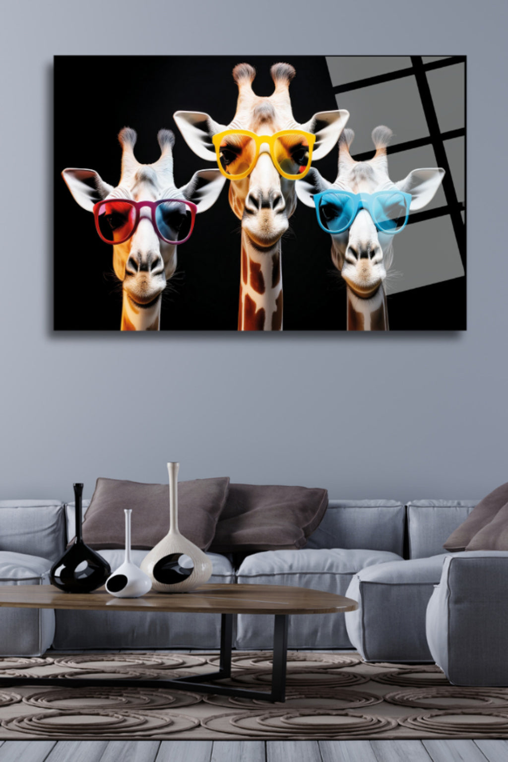 Gözlüklü Zürafalar, Kırılmaya Dayanıklı Cam Tablo 222 - 45 x 65