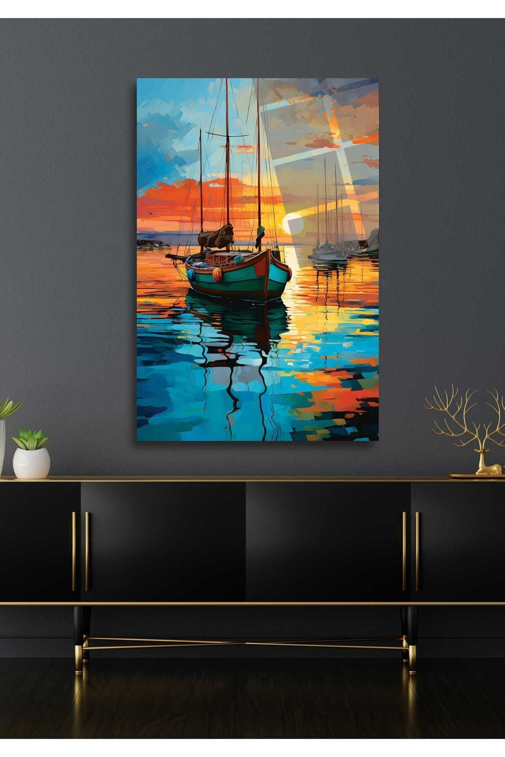 Deniz, Sandal, Gün Batımı  Cam Tablo 23 - 60 x 90