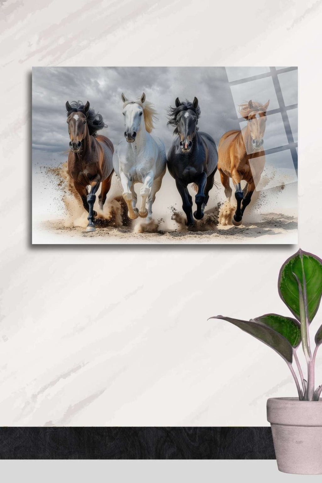 Dört Nala Koşan Atlar Cam Tablo 385 - 45 x 65