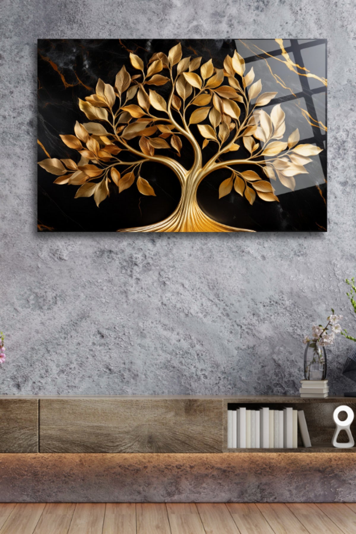 Altın Yapraklı Ağaç, Cam Tablo 152 - 60 x 90