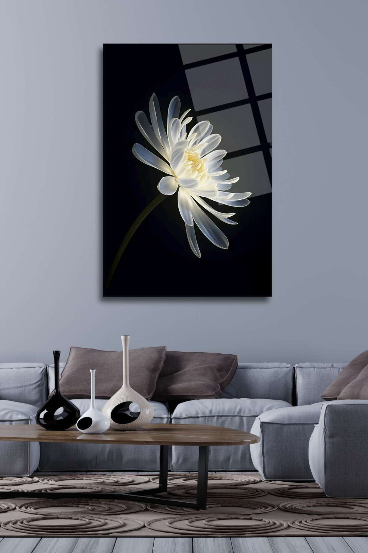 Beyaz Çiçek Cam Tablo 303