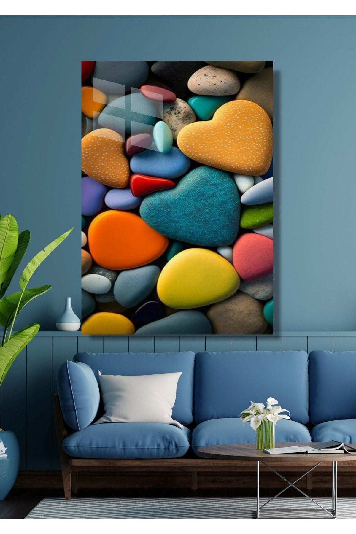Çakıl Taşı Kalpli Cam Tablo 47 - 60 x 90