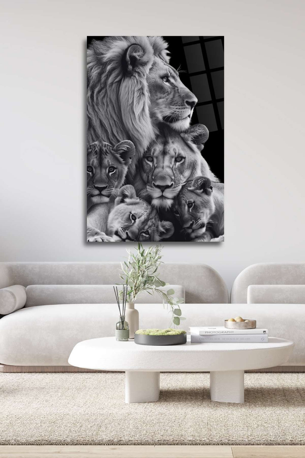 Aslan Ailesi, Üç Çocuklu, Siyah Beyaz, Cam Tablo 470 - 45 x 65