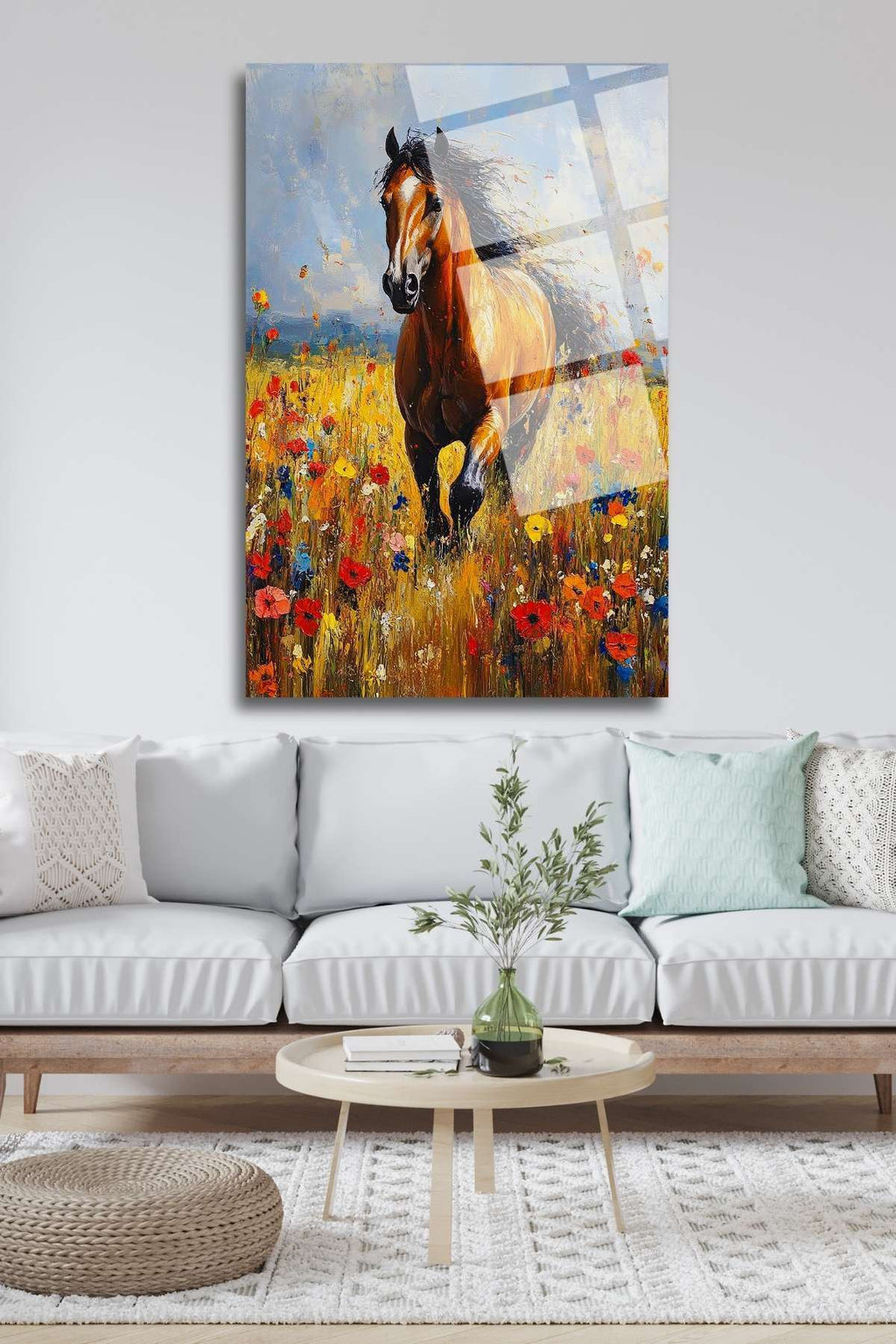 Kır Çiçekleri ve At, Kırılmaya Dayanıklı Cam Tablo 236 - 45 x 65