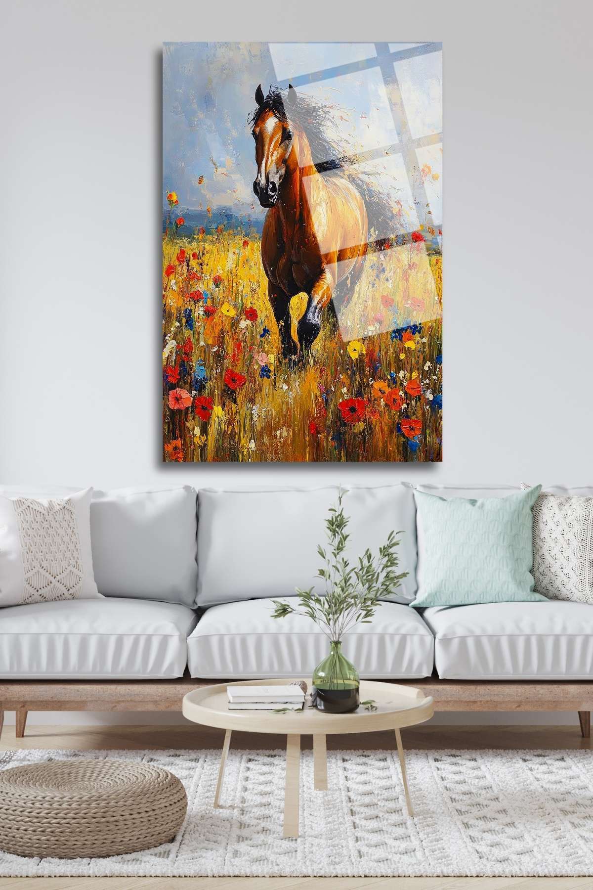 Kır Çiçekleri ve At, Kırılmaya Dayanıklı Cam Tablo 236 - 45 x 65