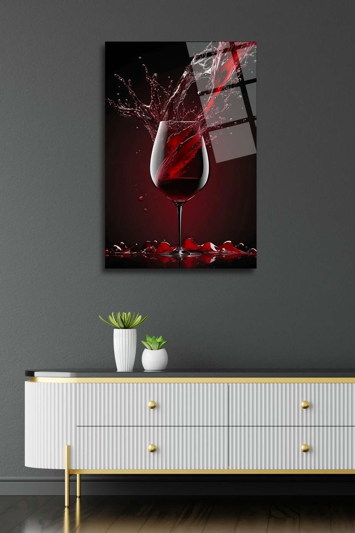 Kırmızı Şarap ve Kadeh Tablosu, Dekoratif Cam Tablo 317 - 60 x 90