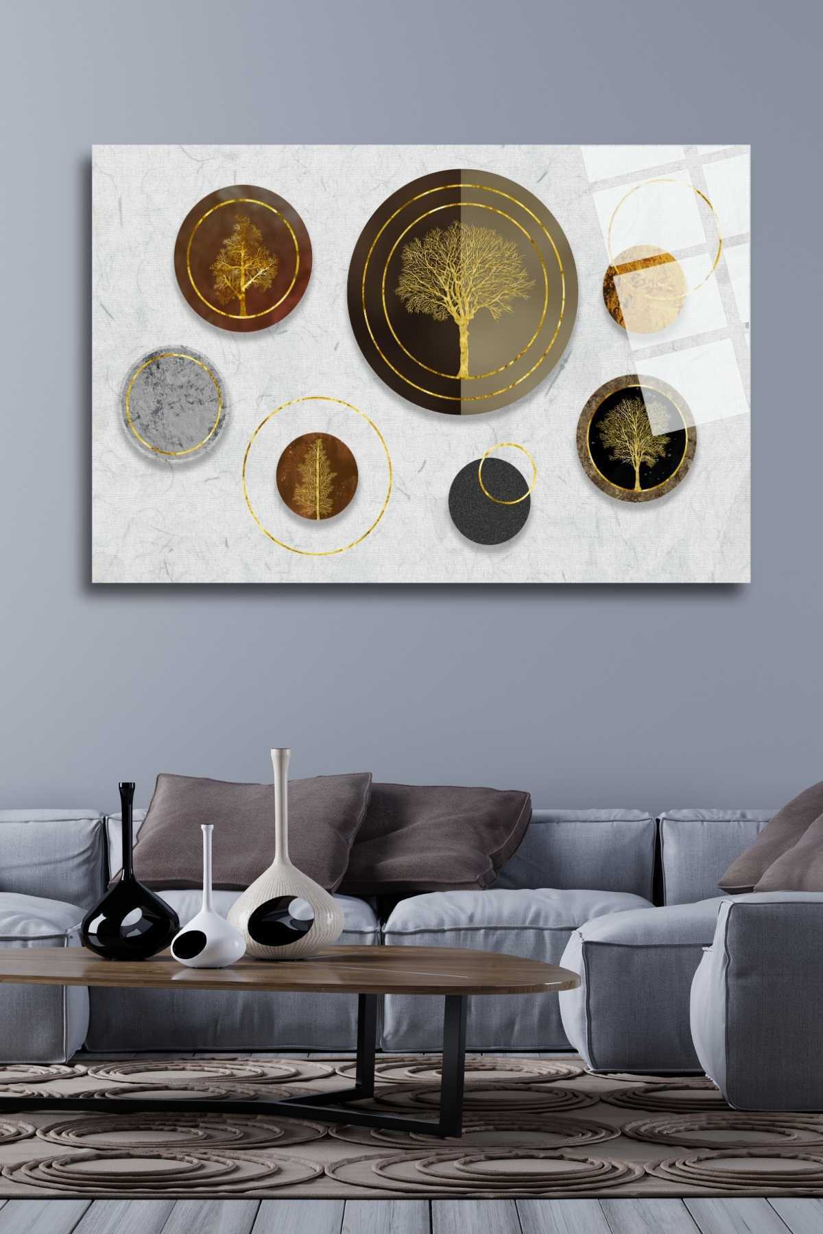 Geometrik Daireler ve Ağaç, Cam Tablo 260 - 45 x 65