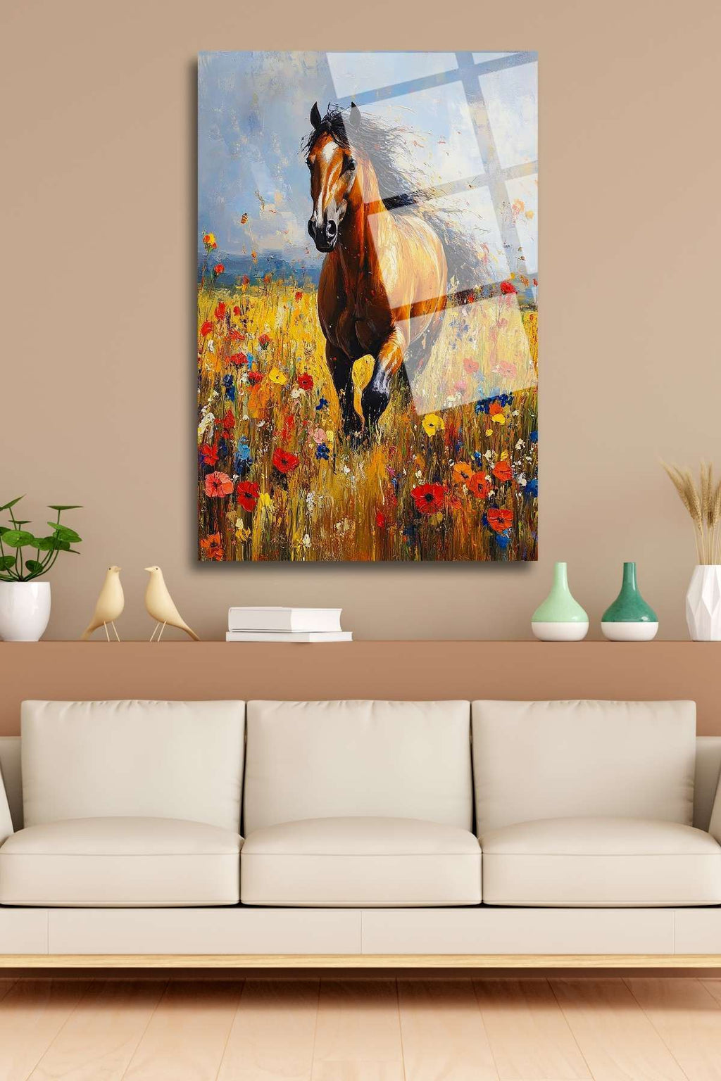 Kır Çiçekleri ve At, Kırılmaya Dayanıklı Cam Tablo 236 - 60 x 90