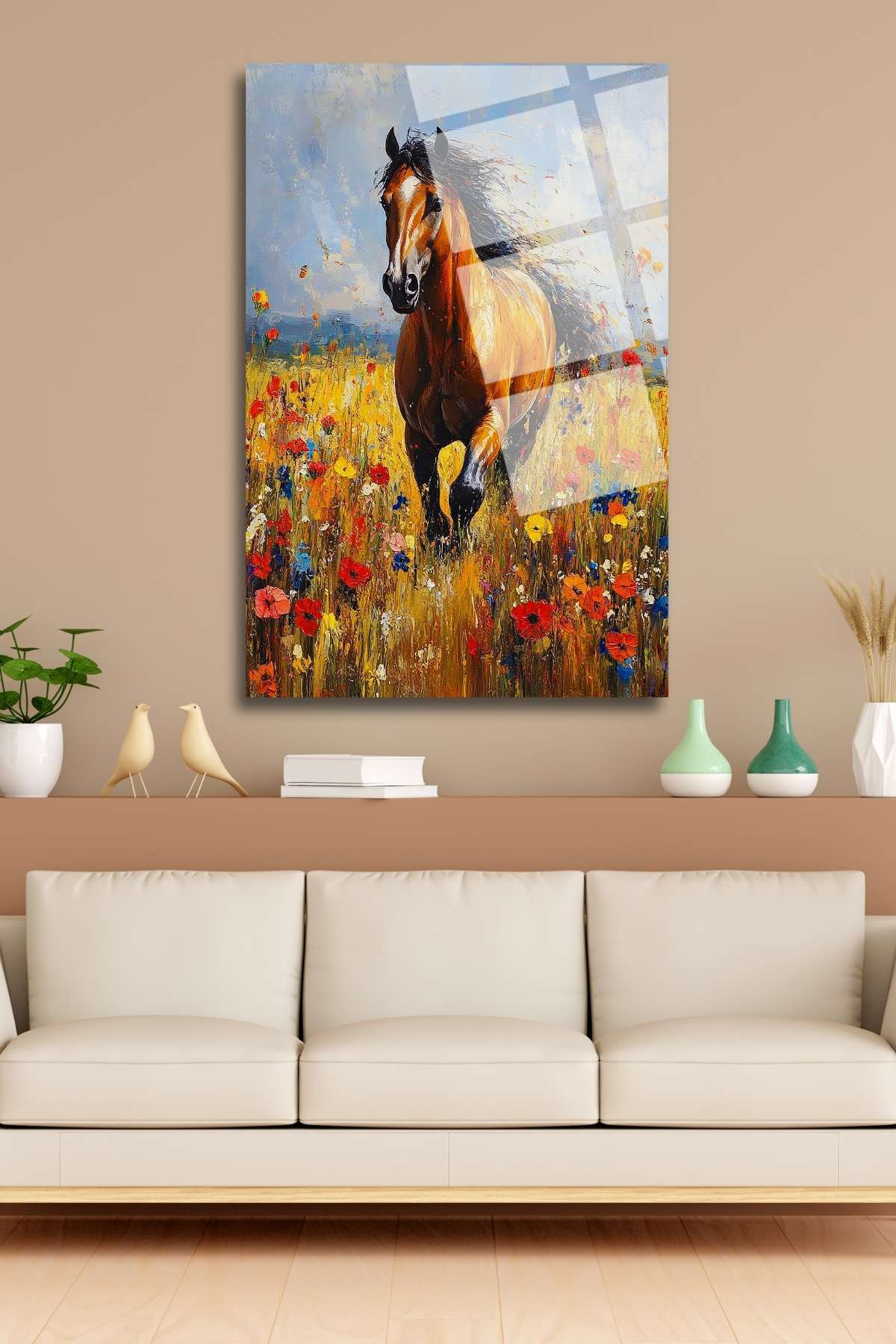 Kır Çiçekleri ve At, Kırılmaya Dayanıklı Cam Tablo 236 - 60 x 90