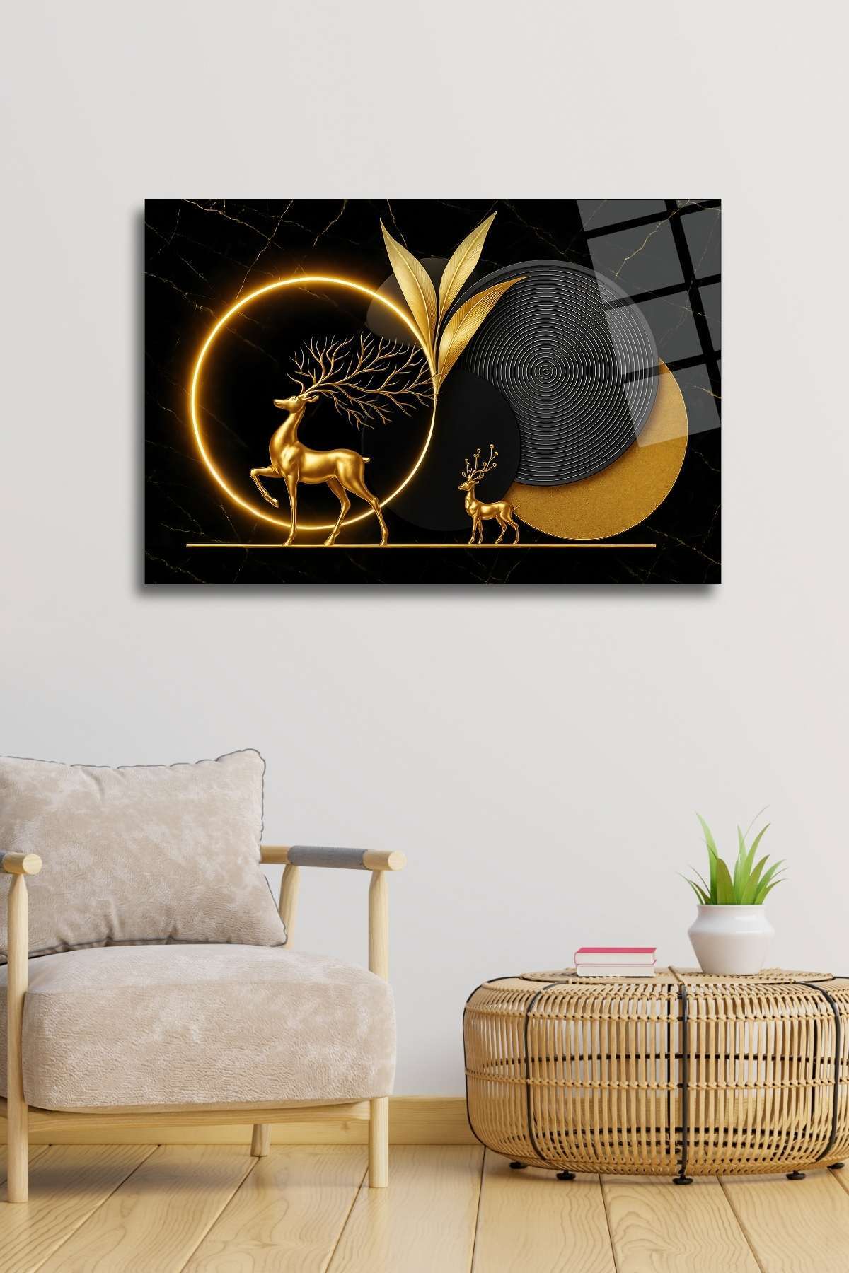 Altın Geyik ve Daireler Cam Tablo 367 - 45 x 65