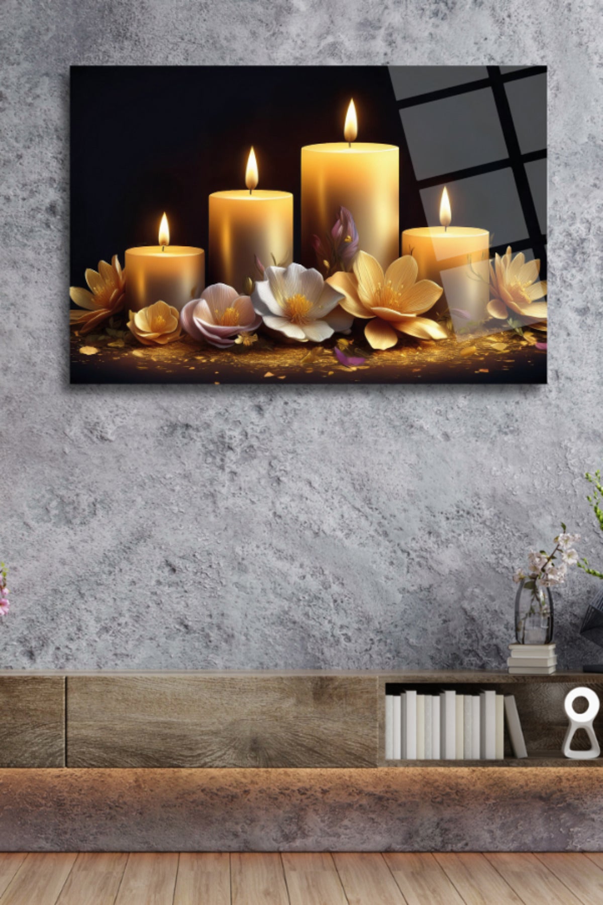 Mum Işığı ve Çiçekler , Kırılmaya Dayanıklı Cam Tablo 220 - 60 x 90