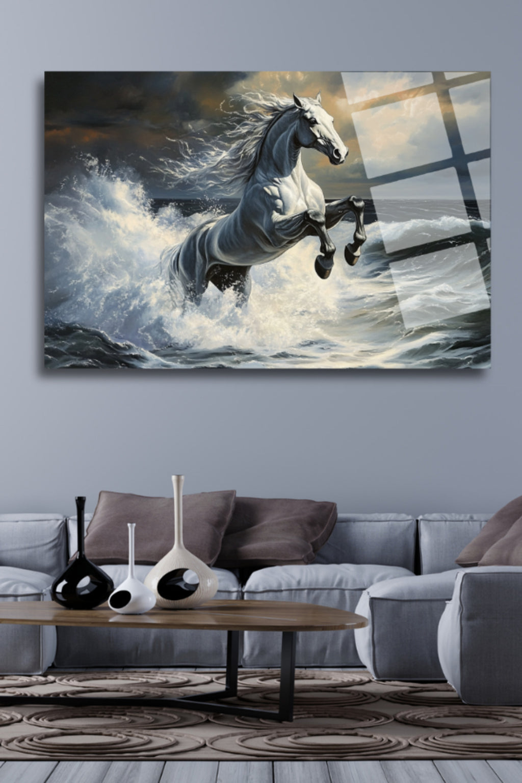 Deniz, Dalgalar ve Beyaz At , Cam Tablo 180 - 45 x 65
