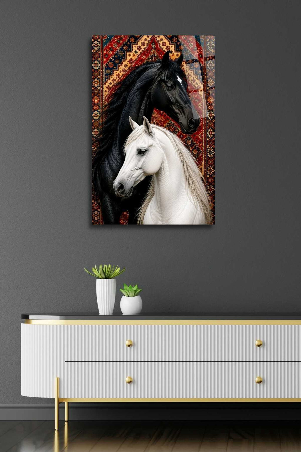 Siyah ve Beyaz At , Aşk Temalı , Cam Tablo 472 - 60 x 90