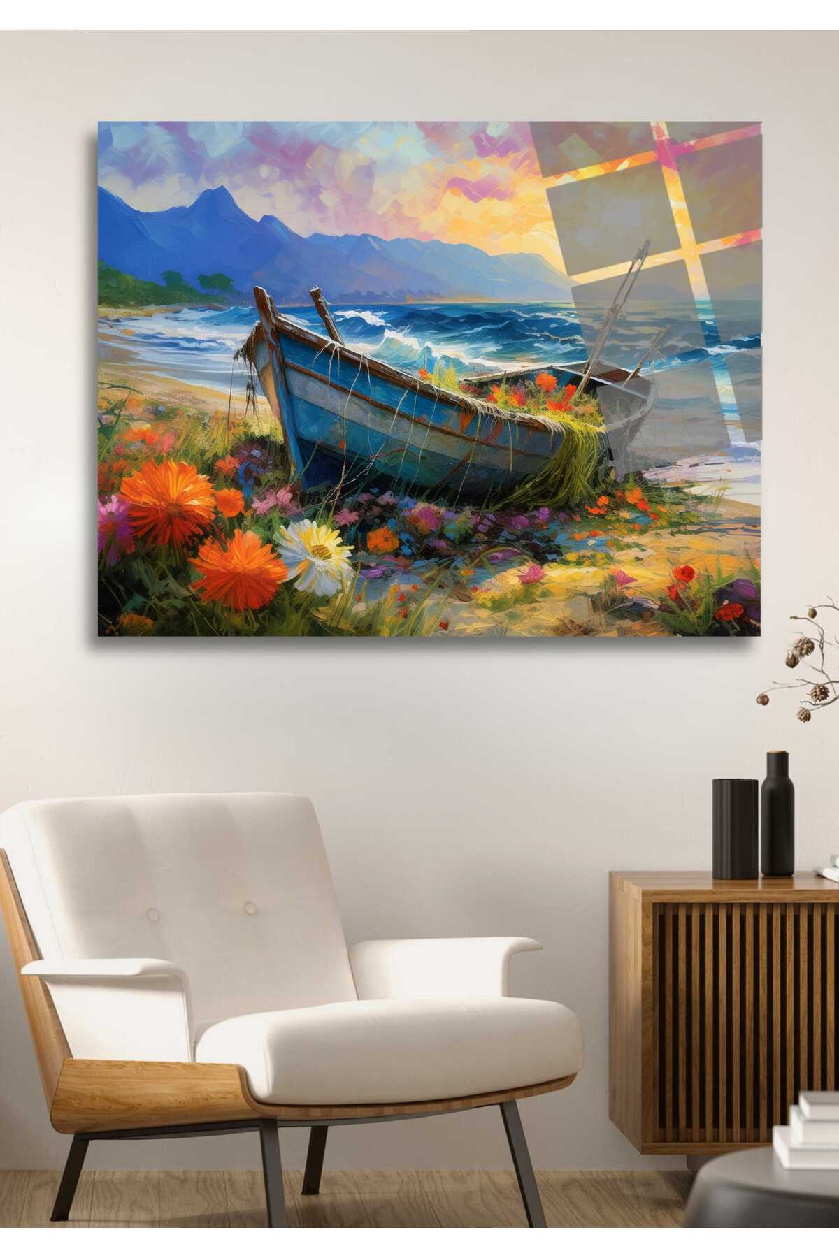 Deniz, Sandal ve Çiçekler Cam Tablo 68 - 45 x 65