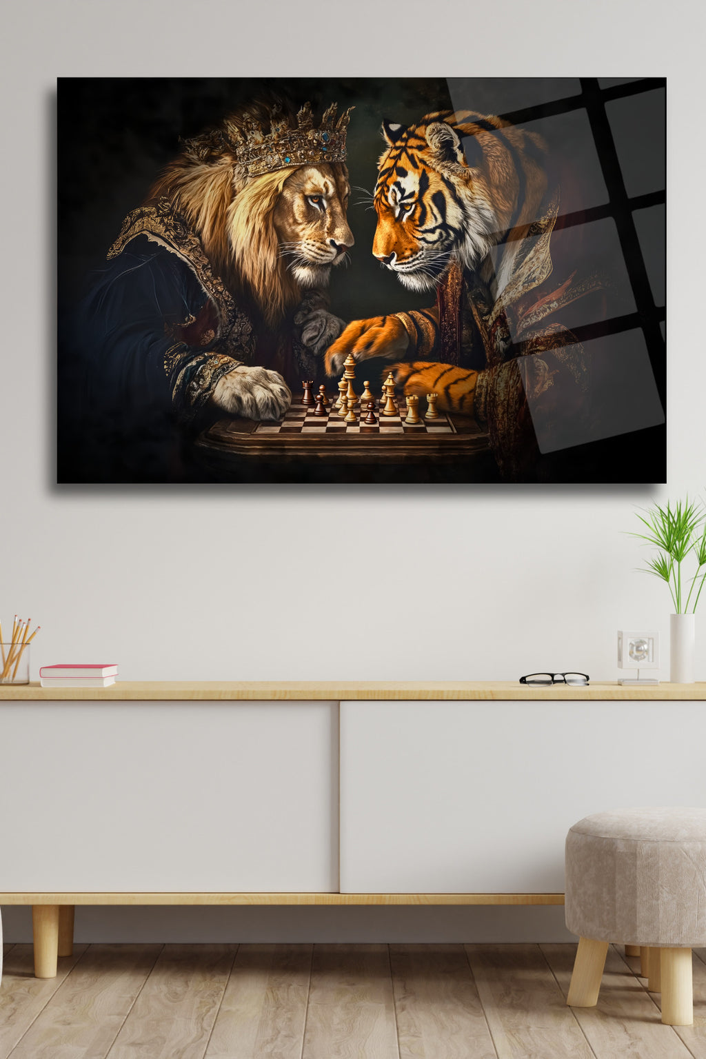 Satranç, Aslan ve Kaplan Yatay Cam Tablo HMDS0169