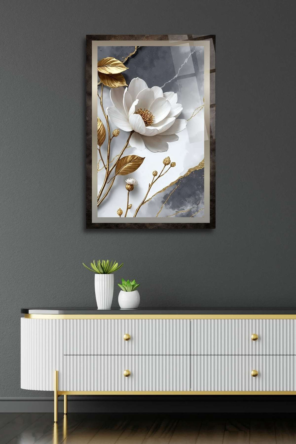 Altın Detaylı Beyaz Çiçek Cam Tablo , Modern Mermer Desenli Lüks Duvar Dekoru - 60 x 90