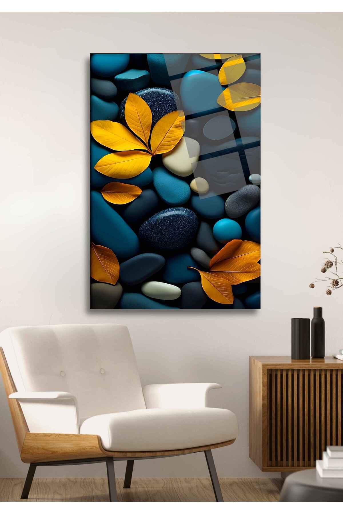 Çakıl Taşı Yapraklı  Cam Tablo 48 - 45 x 65