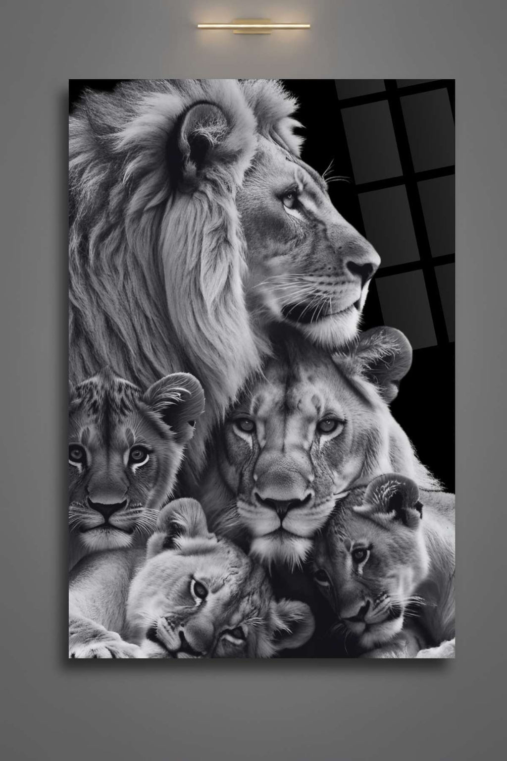 Aslan Ailesi, Üç Çocuklu, Siyah Beyaz, Cam Tablo 470 - 30 x 45