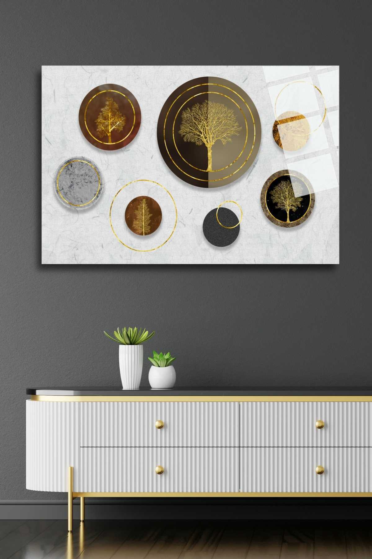Geometrik Daireler ve Ağaç, Cam Tablo 260 - 60 x 90