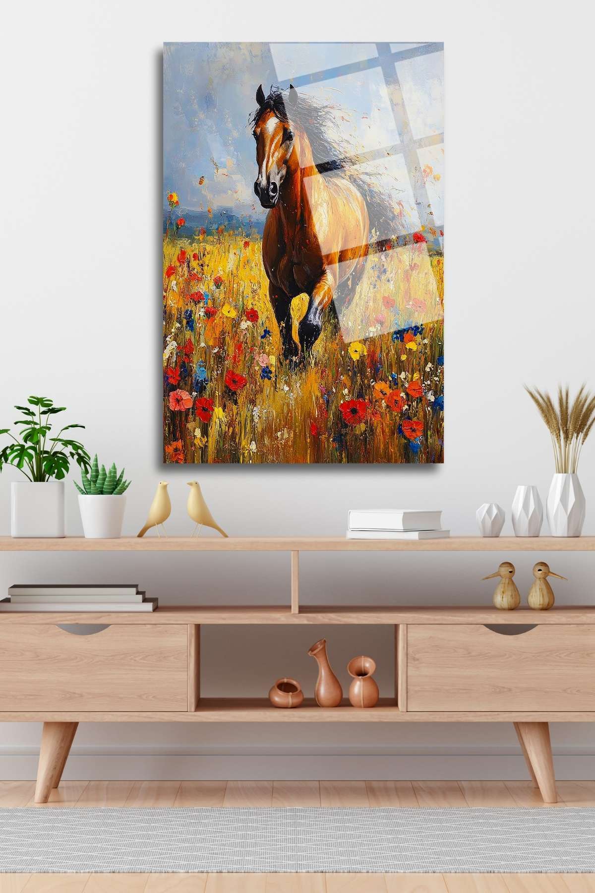 Kır Çiçekleri ve At, Kırılmaya Dayanıklı Cam Tablo 236 - 30 x 45