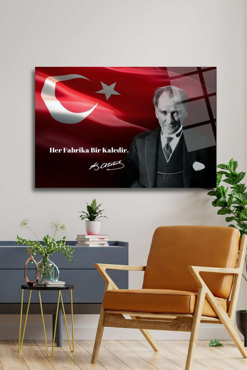" Her Fabrika Bir Kaledir " Atatürk Cam Tablo HMDS0095