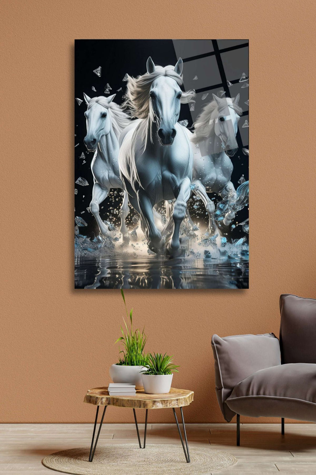 Beyaz Atlar Cam Tablo 73 - 45 x 65