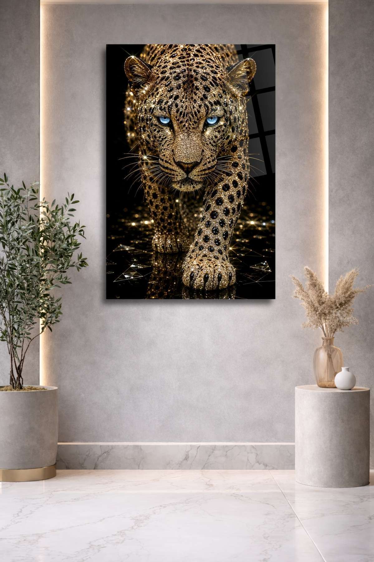 Pırlanta Desenli Leopar Tablosu, Kırılmaya Dayanıklı Cam Tablo HMDS0477