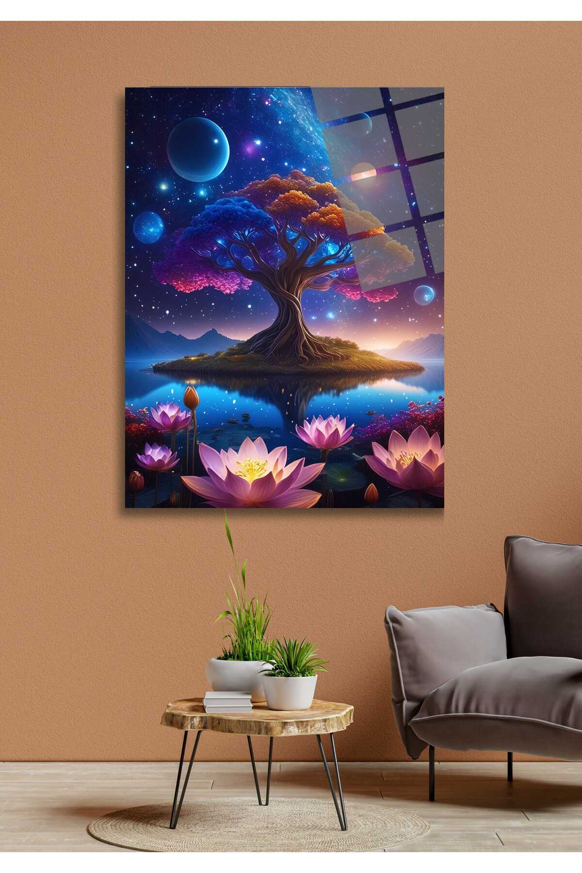 Hayat Ağacı ve Lotus Çiçekleri Cam Tablo HMDS0075