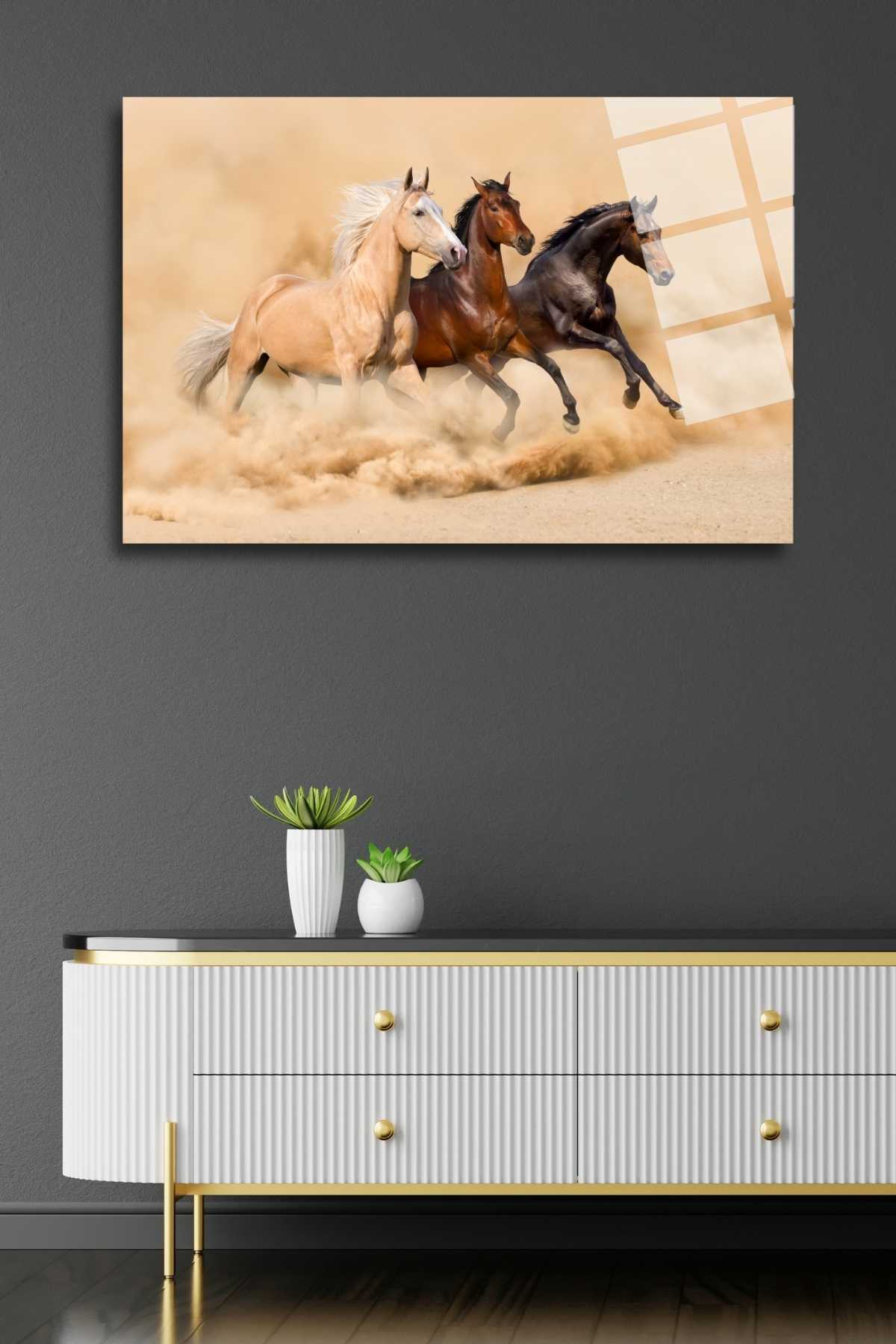 Koşan Atlar Tablosu , Kırılmaya Dayanıklı Cam Tablo 269 - 60 x 90
