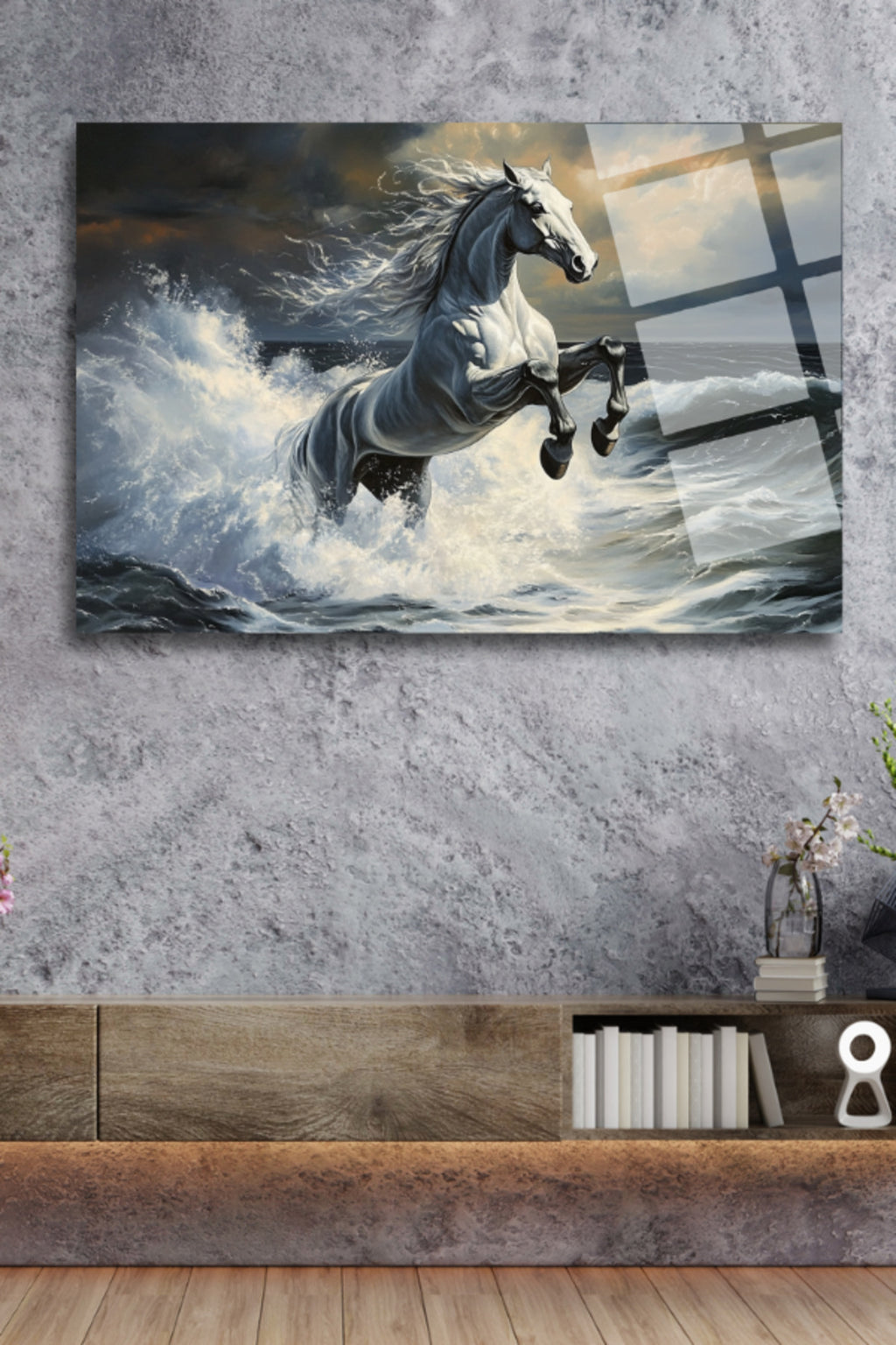 Deniz, Dalgalar ve Beyaz At , Cam Tablo 180 - 60 x 90
