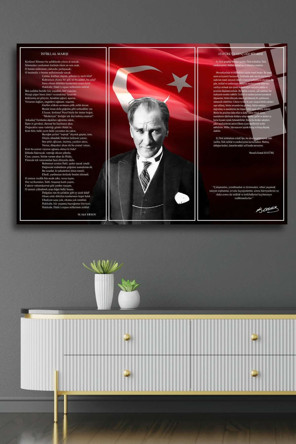 Atatürk, Gençliğe Hitabe, İstiklal Marşı Cam Tablo HMDS0341