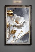 Altın Detaylı Beyaz Çiçek Cam Tablo , Modern Mermer Desenli Lüks Duvar Dekoru - 30 x 45