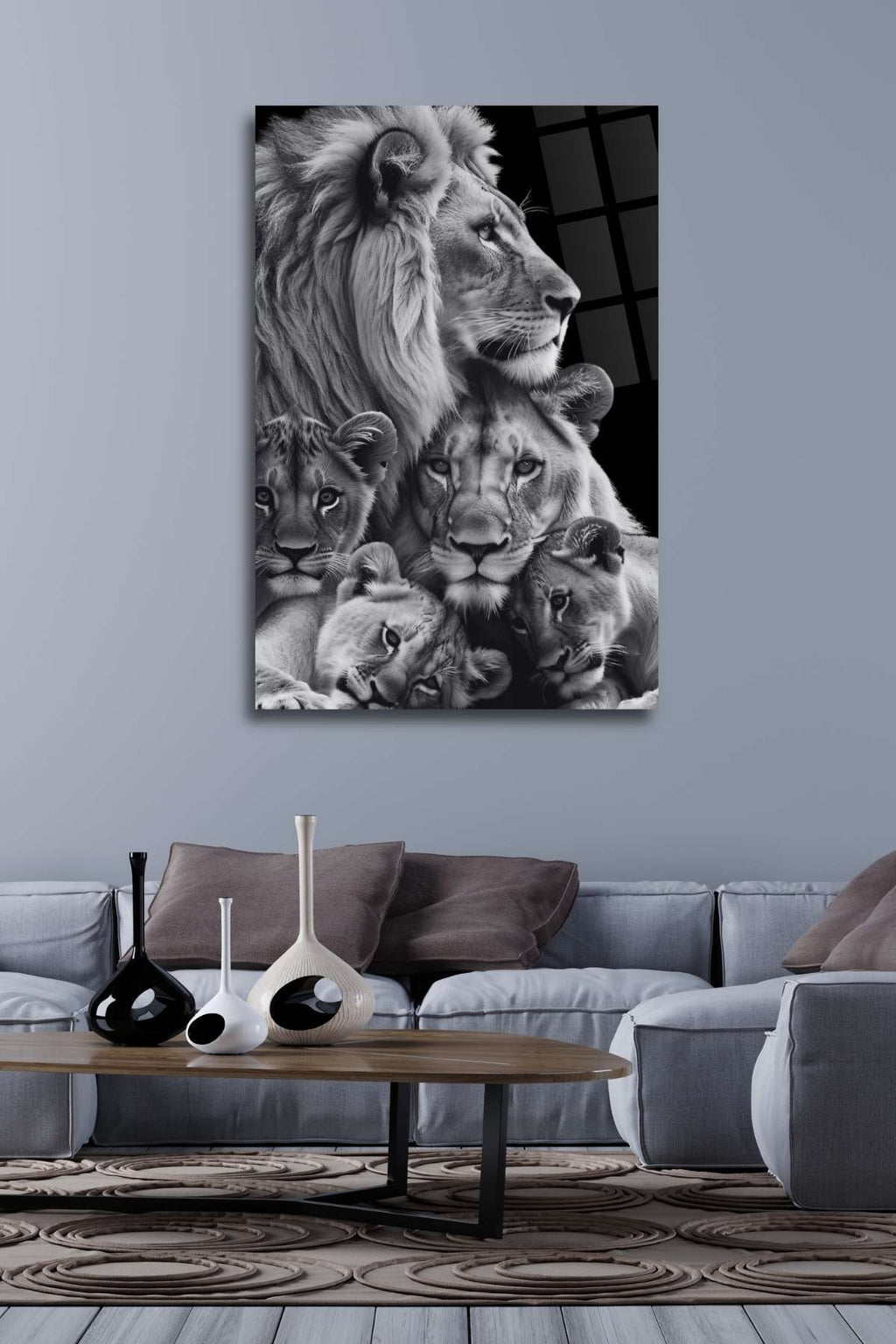 Aslan Ailesi, Üç Çocuklu, Siyah Beyaz, Cam Tablo 470 - 60 x 90