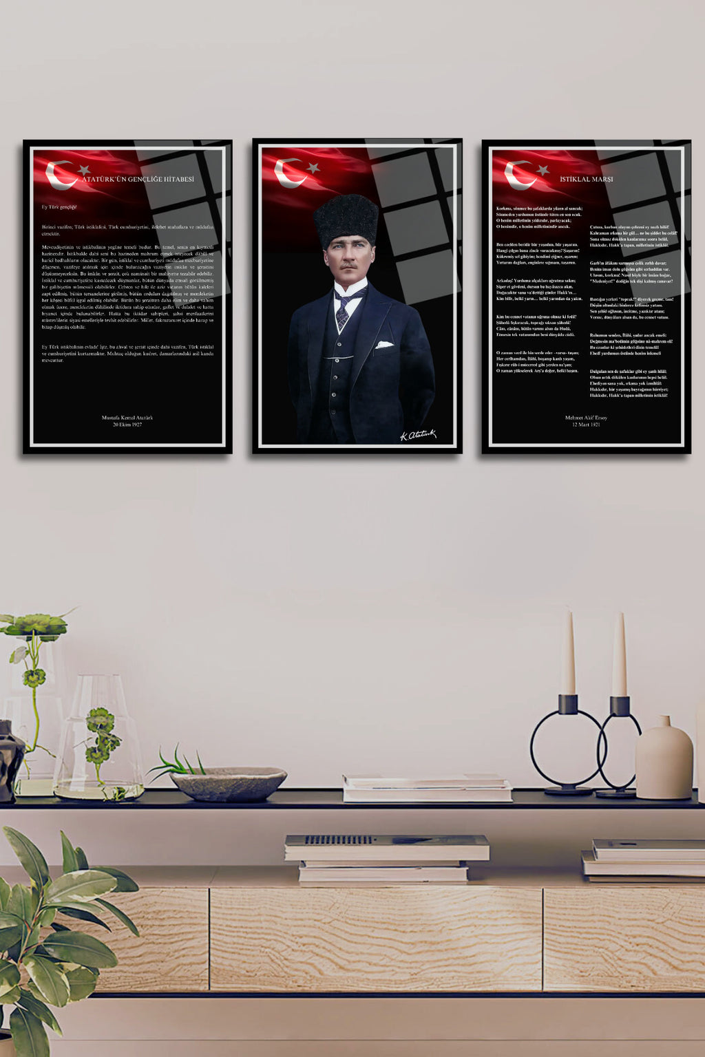 Atatürk, İstiklal Marşı, Gençliğe Hitabe 3'lü Set Cam Tablo 121 - 30 x 45