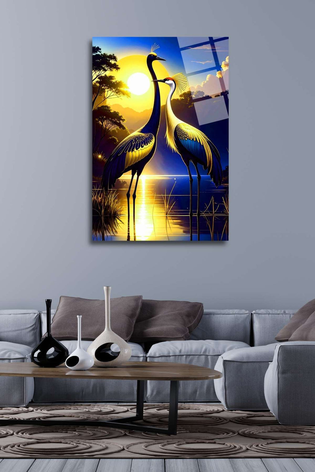 Günbatımı ve Kuşlar Cam Tablo, Dekoratif Tablo HMDS0307