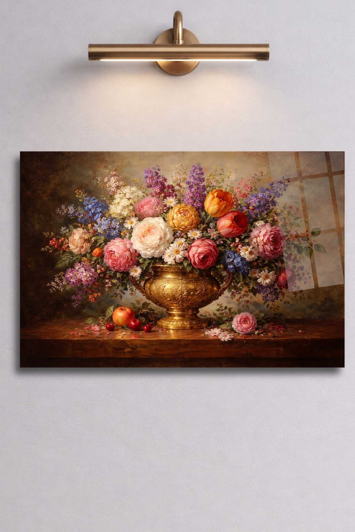 Altın Vazoda Çiçekler Cam Tablo 462 - 30 x 45