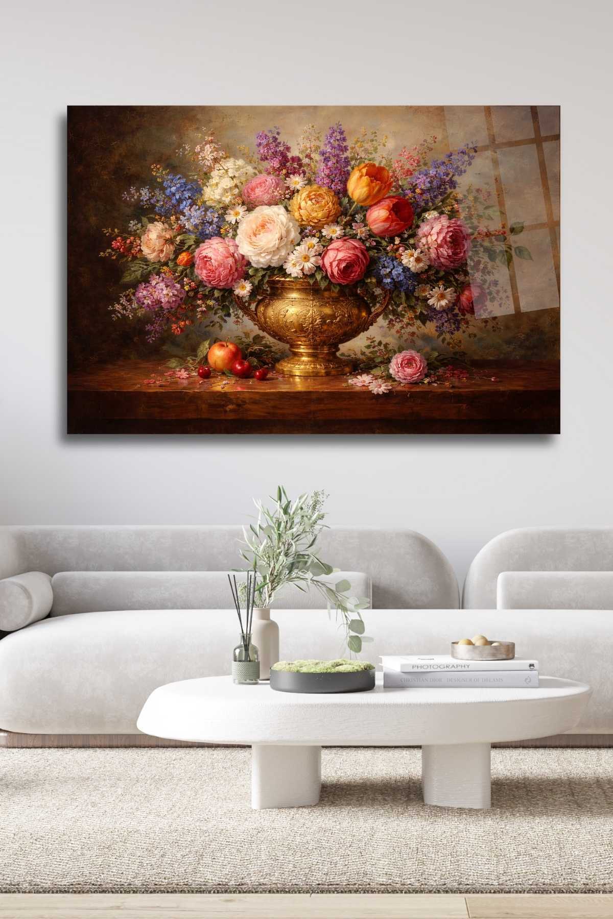 Altın Vazoda Çiçekler Cam Tablo 462 - 60 x 90