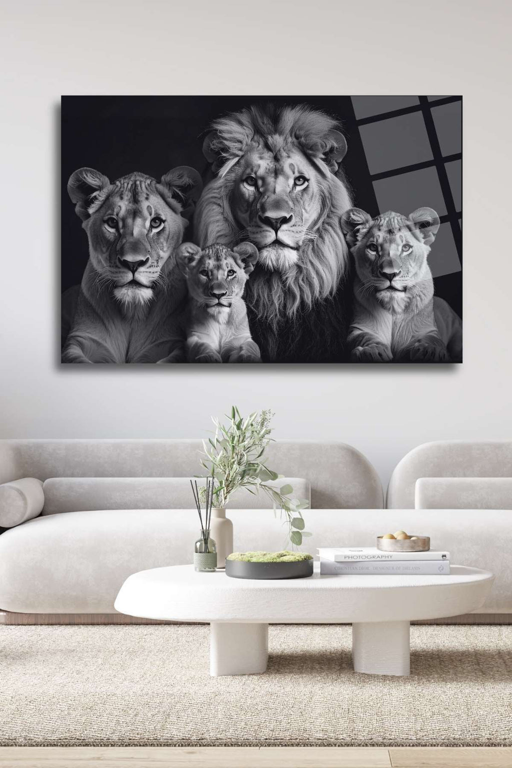 Aslan Ailesi, Siyah Beyaz Yatay Cam Tablo 464 - 45 x 65
