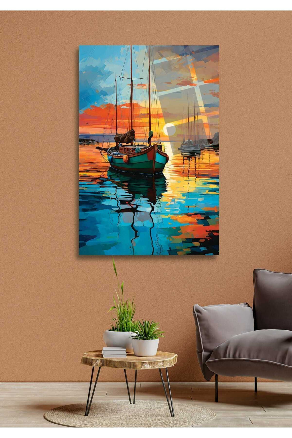 Deniz, Sandal, Gün Batımı  Cam Tablo 23