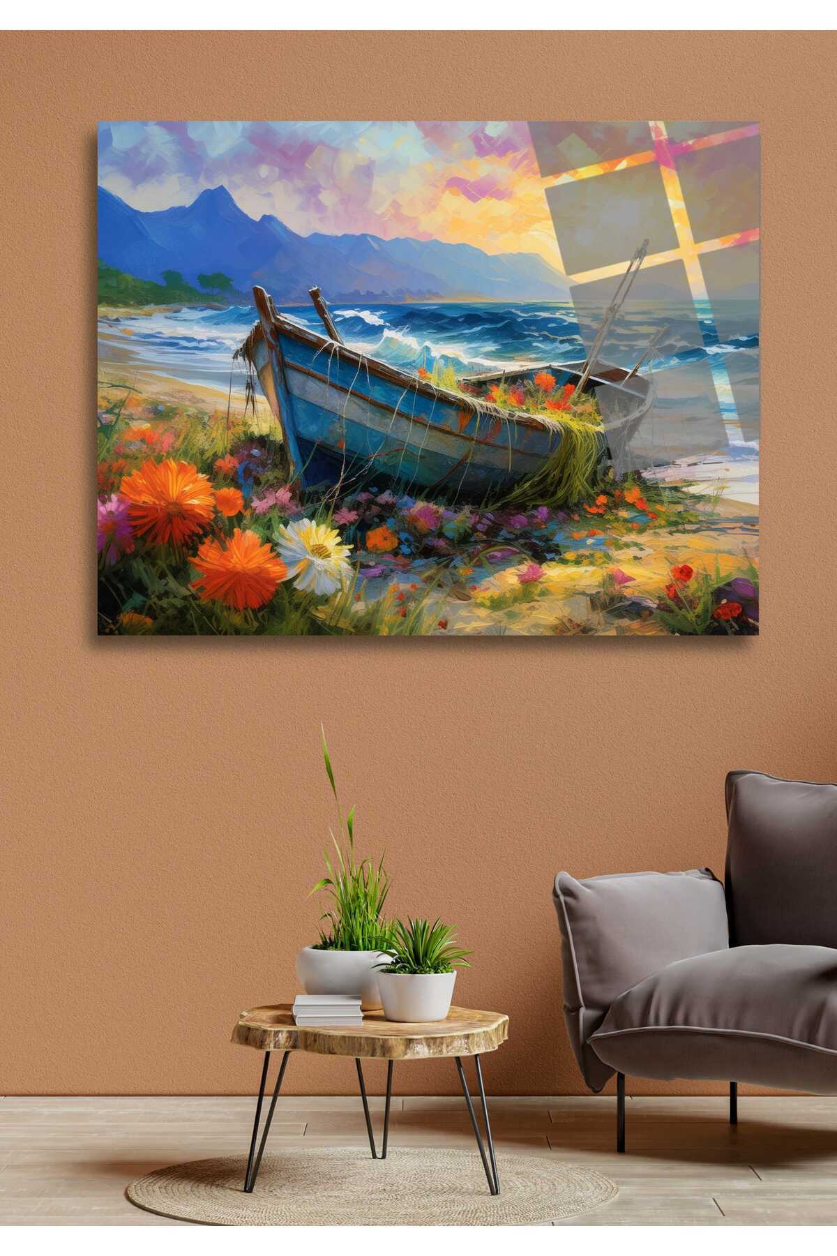 Deniz, Sandal ve Çiçekler Cam Tablo 68 - 60 x 90
